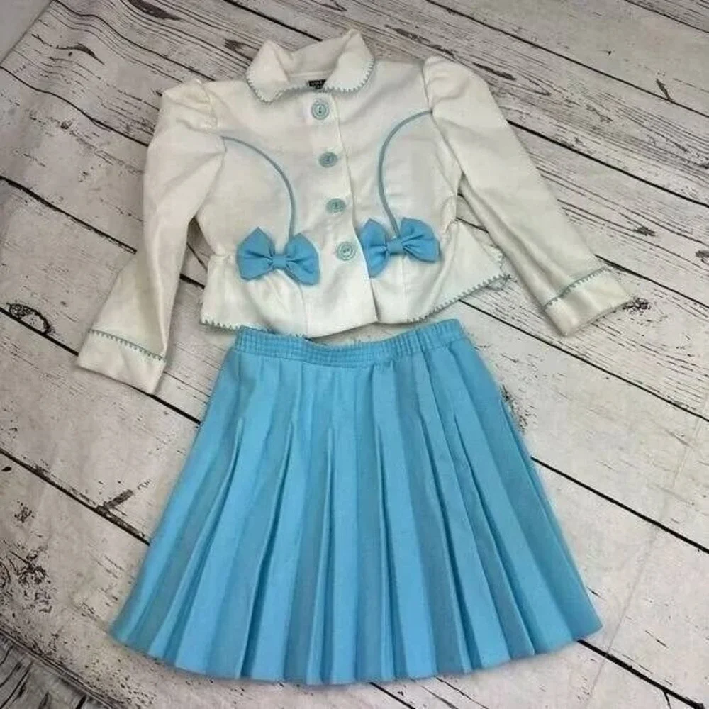 Village Market Vintage Skirt Set White Blue Bows Trim Girls Size 5 Jacket Set